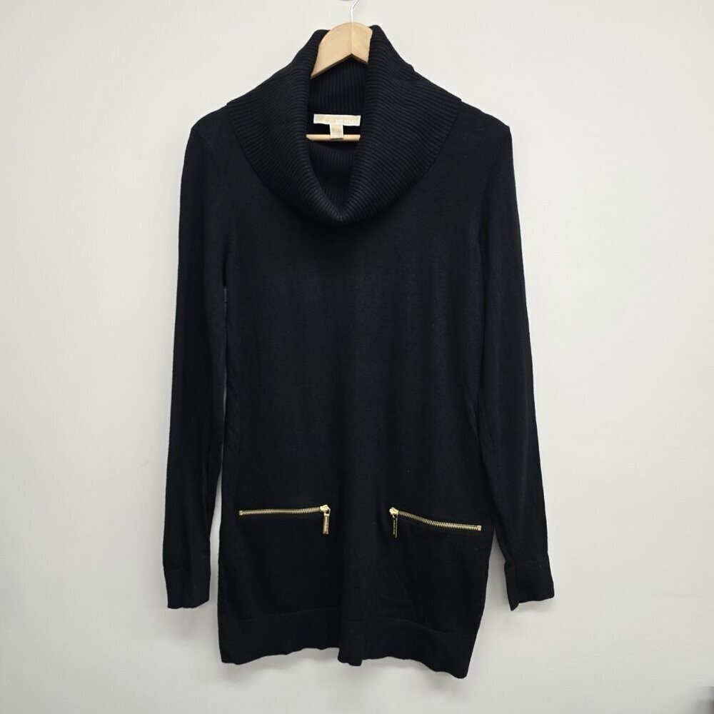 Michael Michael Kors Tunic Sweater Sz M Cowl Neck Old Money Quiet Luxury Black